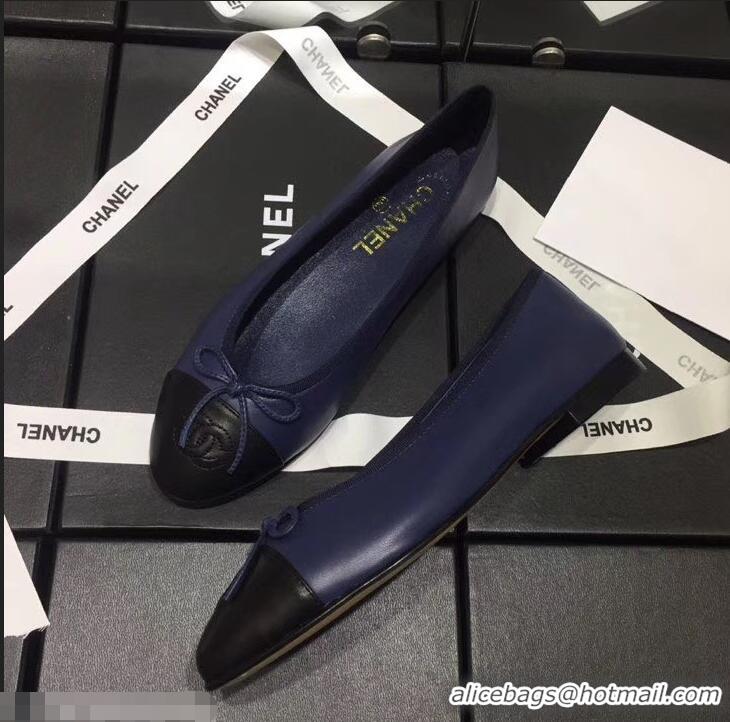 Youthful Chanel Leather Classic Bow Ballerinas Flats G40328 Bi-color Navy Blue/Black