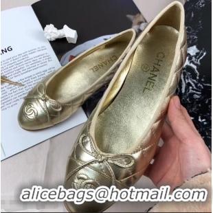 Best Grade Chanel Leather Classic Bow Ballerinas Flats G40331Quilted Gold