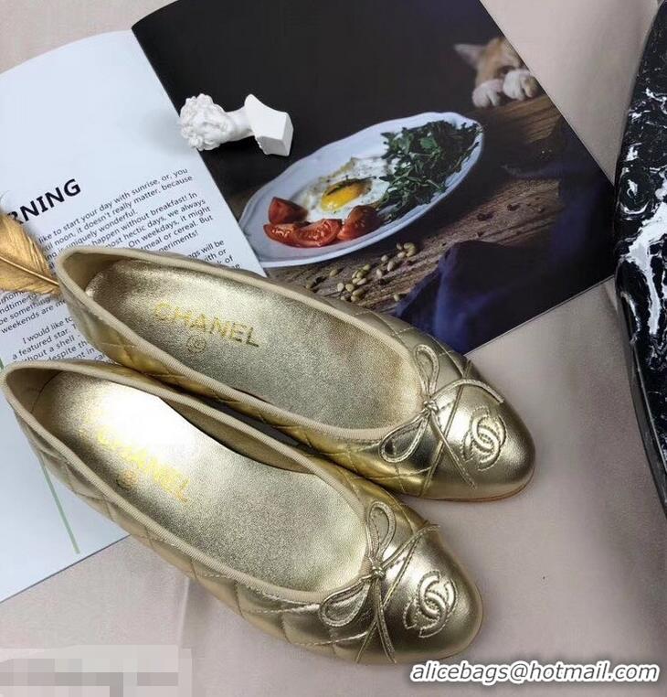 Best Grade Chanel Leather Classic Bow Ballerinas Flats G40331Quilted Gold