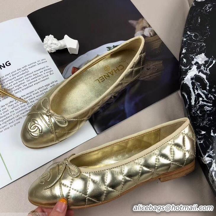 Best Grade Chanel Leather Classic Bow Ballerinas Flats G40331Quilted Gold