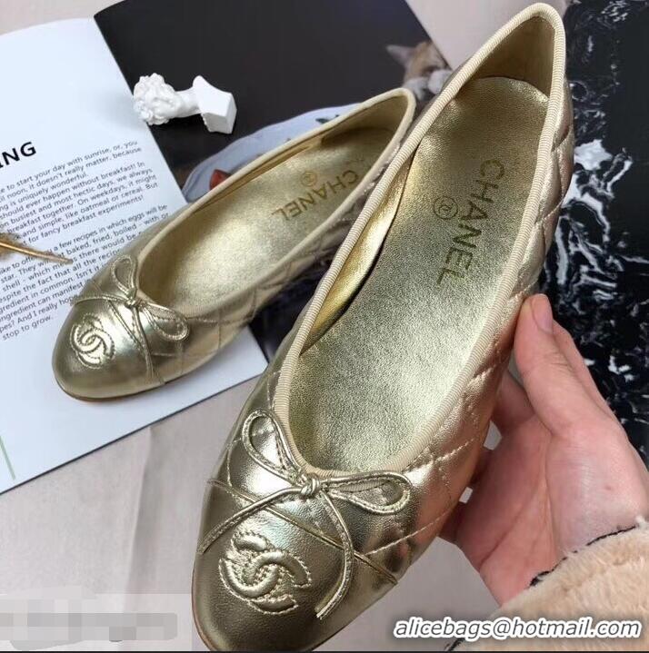 Best Grade Chanel Leather Classic Bow Ballerinas Flats G40331Quilted Gold