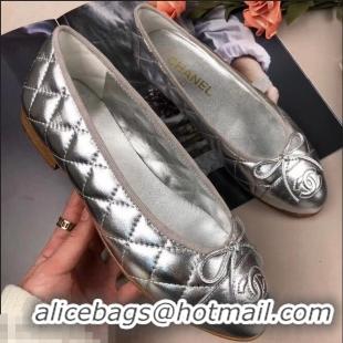 Grade Quality Chanel Leather Classic Bow Ballerinas Flats G40332 Quilted Silver/Apricot Sole