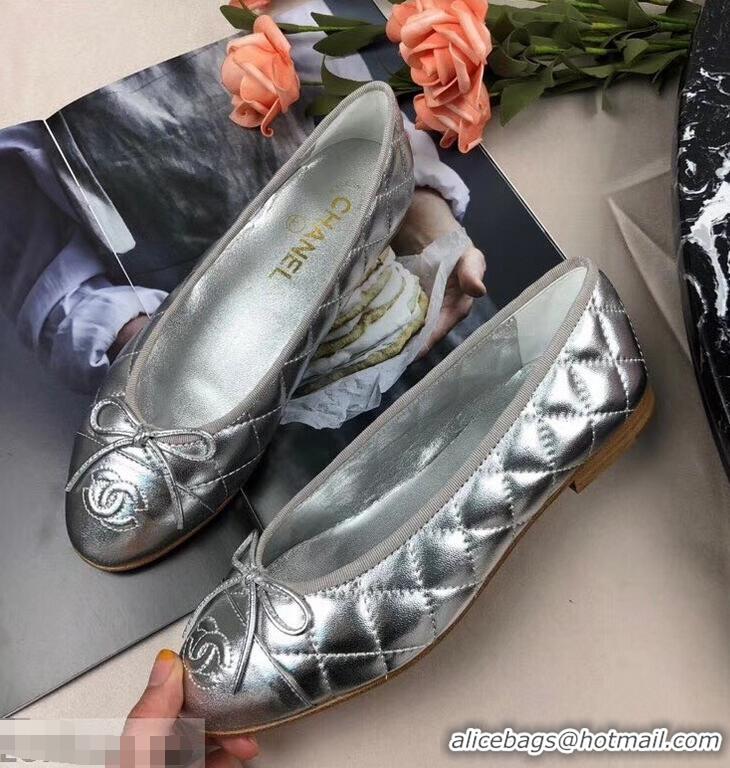 Grade Quality Chanel Leather Classic Bow Ballerinas Flats G40332 Quilted Silver/Apricot Sole