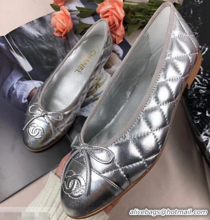 Grade Quality Chanel Leather Classic Bow Ballerinas Flats G40332 Quilted Silver/Apricot Sole