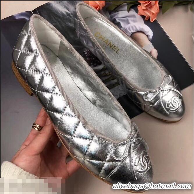 Grade Quality Chanel Leather Classic Bow Ballerinas Flats G40332 Quilted Silver/Apricot Sole