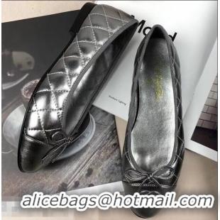 Top Grade Chanel Leather Classic Bow Ballerinas Flats G40333 Quilted Silver/Black Sole