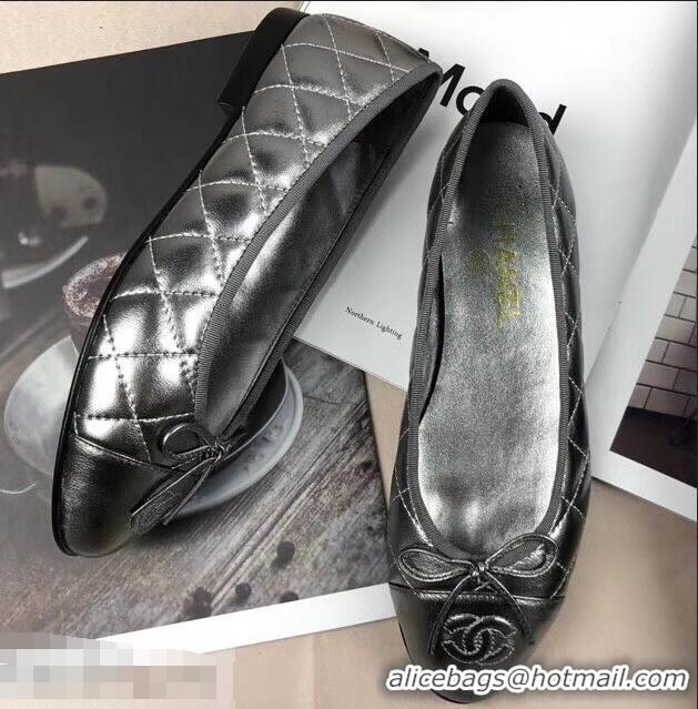 Top Grade Chanel Leather Classic Bow Ballerinas Flats G40333 Quilted Silver/Black Sole