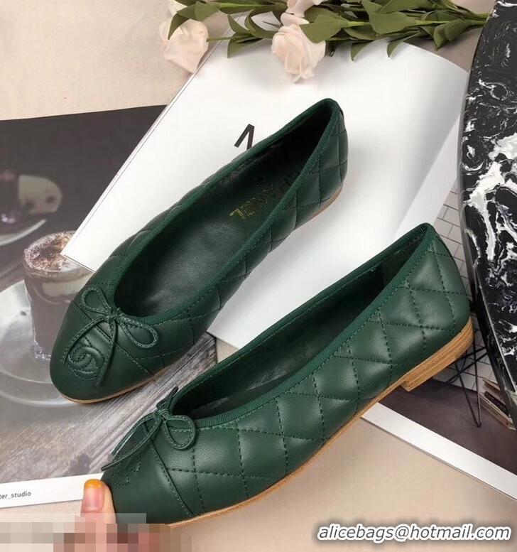 Cheapest Chanel Leather Classic Bow Ballerinas Flats G40337 Quilted Green