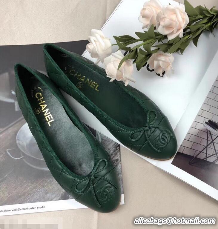 Cheapest Chanel Leather Classic Bow Ballerinas Flats G40337 Quilted Green