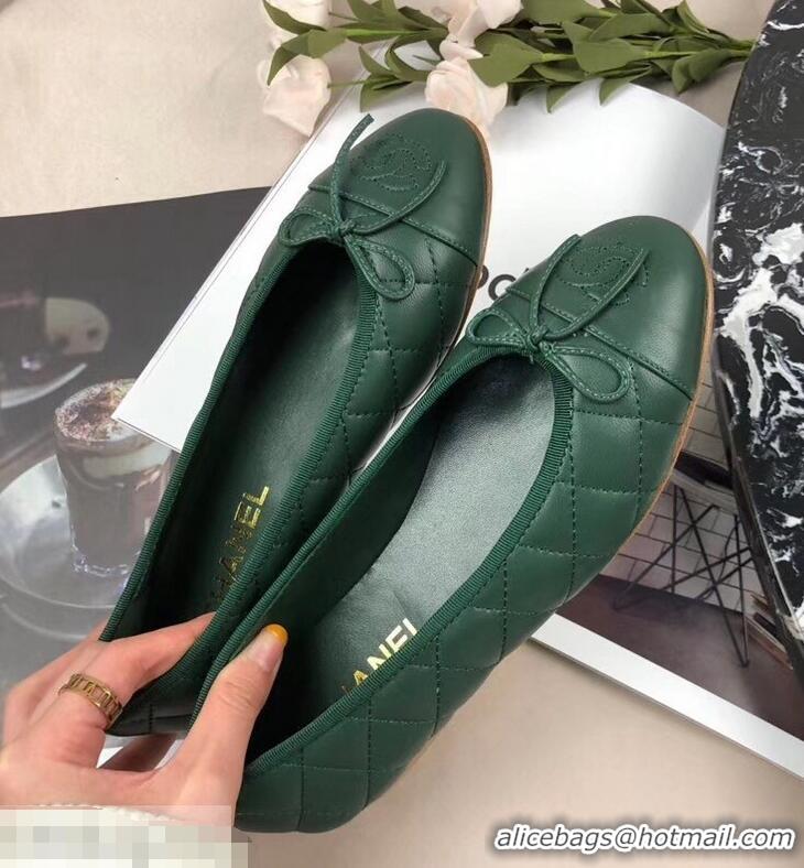 Cheapest Chanel Leather Classic Bow Ballerinas Flats G40337 Quilted Green