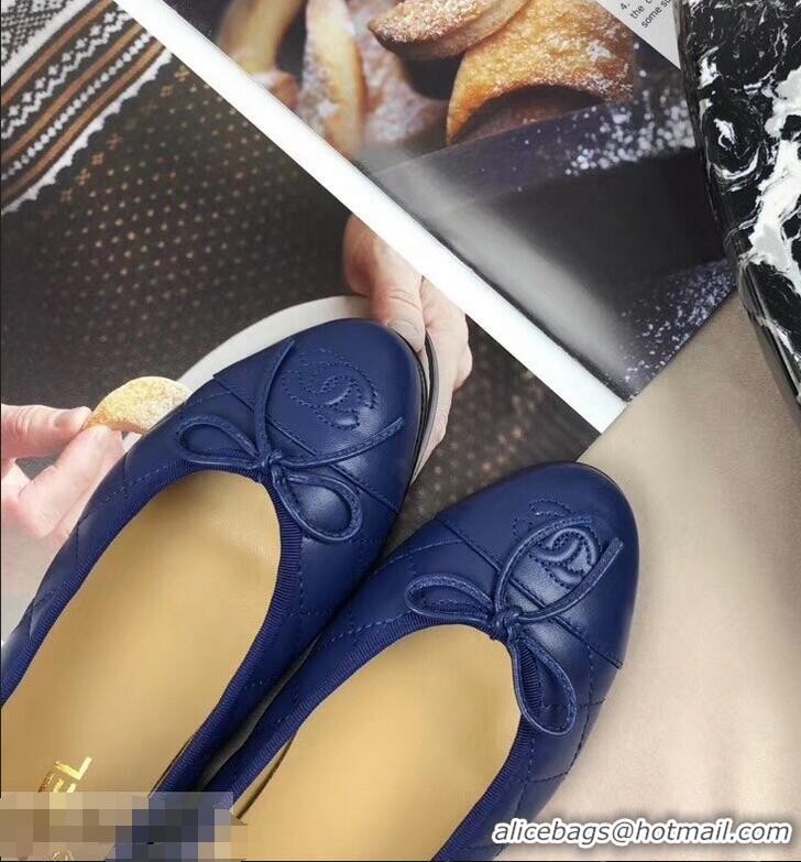 Fashion Discount Chanel Leather Classic Bow Ballerinas Flats G40338 Quilted Blue