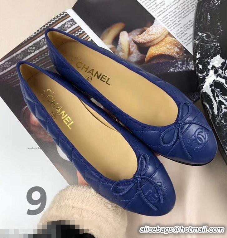 Fashion Discount Chanel Leather Classic Bow Ballerinas Flats G40338 Quilted Blue