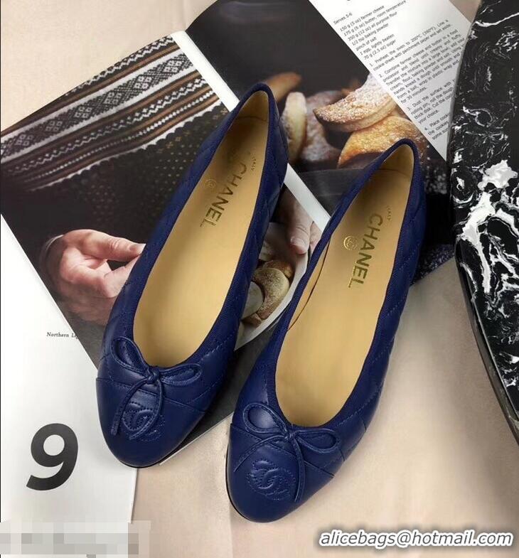 Fashion Discount Chanel Leather Classic Bow Ballerinas Flats G40338 Quilted Blue