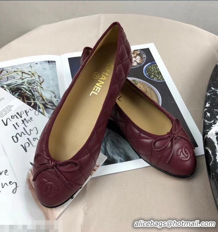 Imitation Classic Chanel Leather Classic Bow Ballerinas Flats G40339 Quilted Burgundy