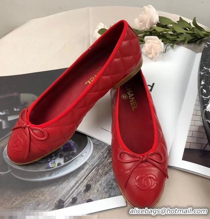 Classic Hot Sell Chanel Leather Classic Bow Ballerinas Flats G40340 Quilted Red