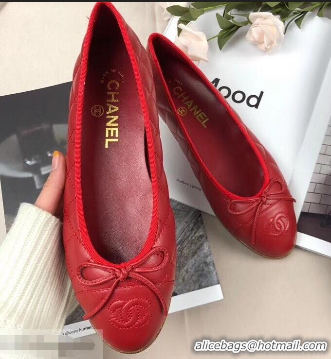 Classic Hot Sell Chanel Leather Classic Bow Ballerinas Flats G40340 Quilted Red