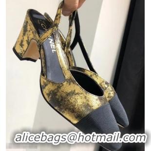 New Arrivals Chanel Heel 6.5cm Slingbacks G31318 Laminated Gold/Grosgrain Black 2019