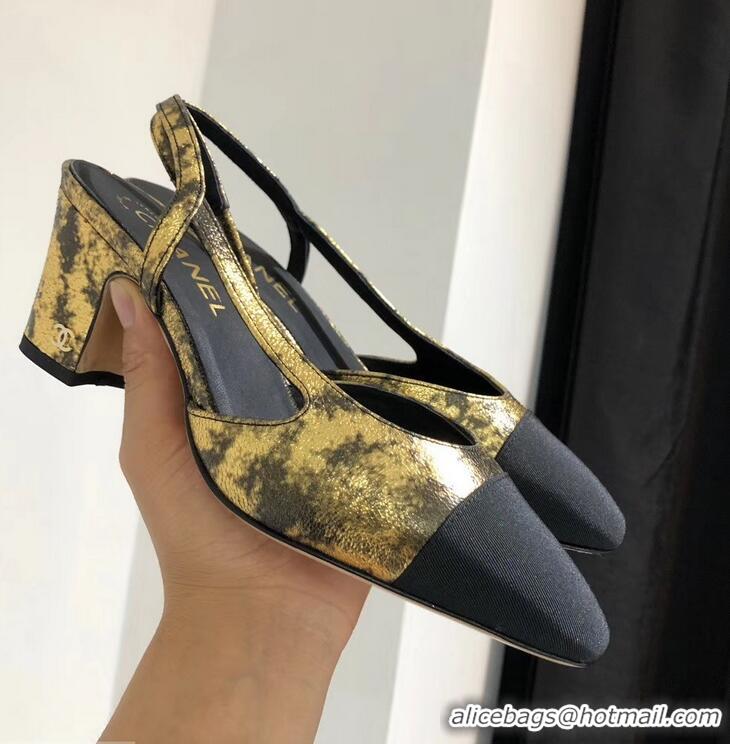 New Arrivals Chanel Heel 6.5cm Slingbacks G31318 Laminated Gold/Grosgrain Black 2019