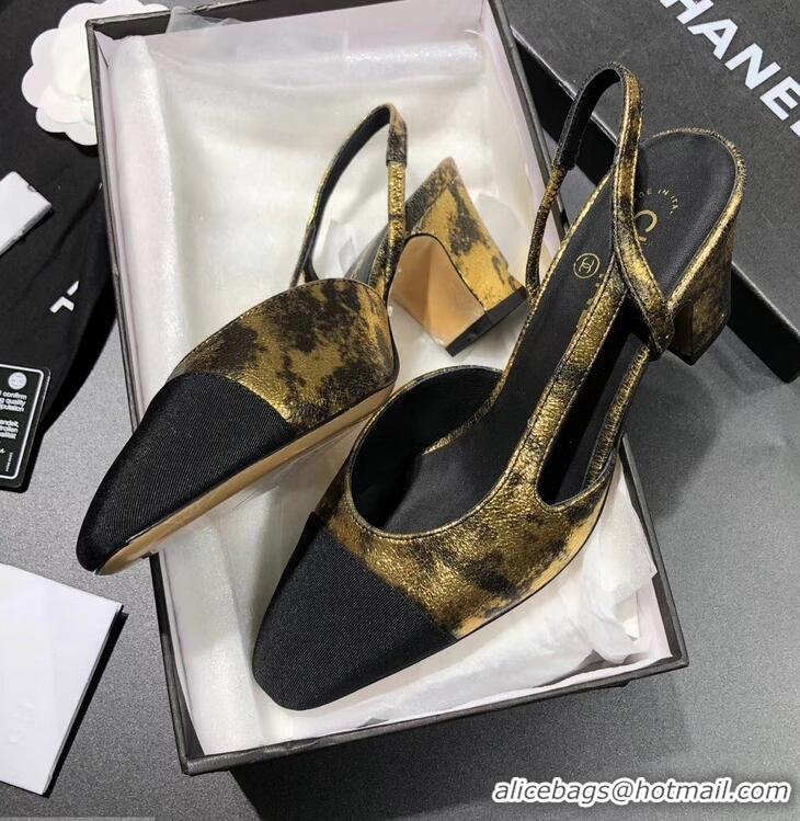 New Arrivals Chanel Heel 6.5cm Slingbacks G31318 Laminated Gold/Grosgrain Black 2019