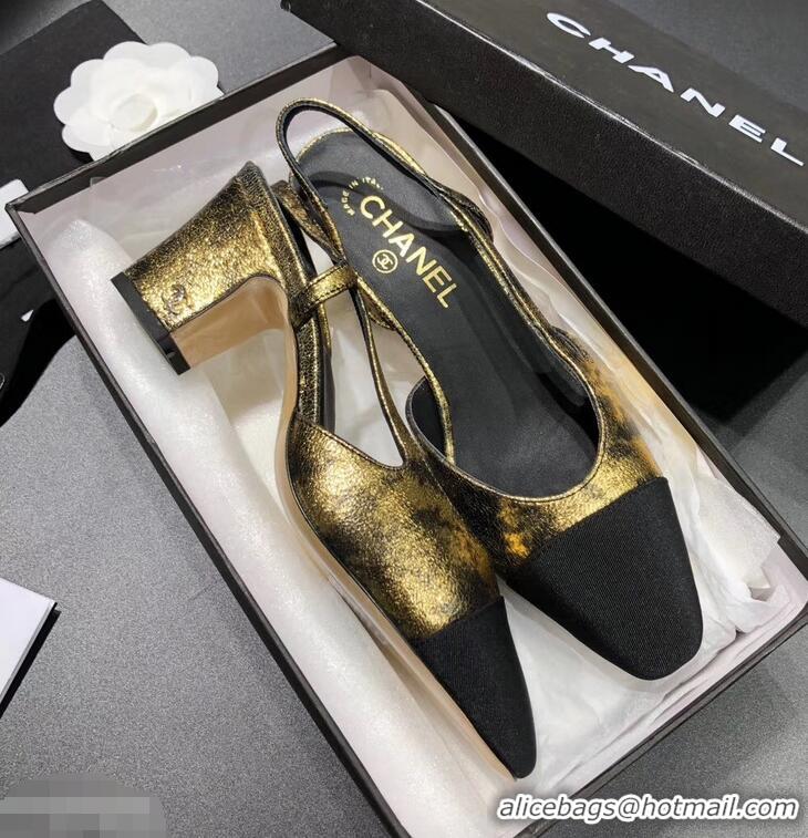 New Arrivals Chanel Heel 6.5cm Slingbacks G31318 Laminated Gold/Grosgrain Black 2019