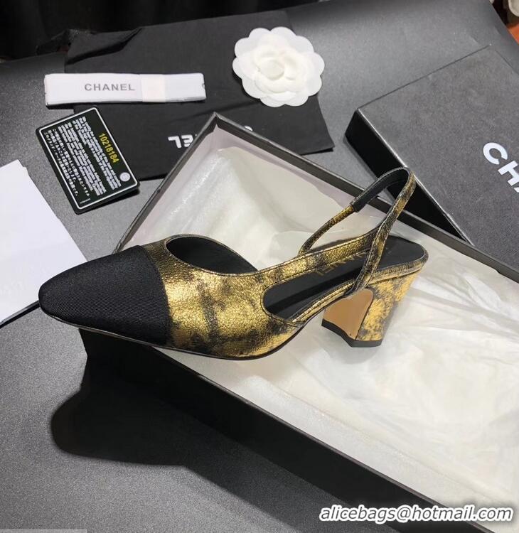 New Arrivals Chanel Heel 6.5cm Slingbacks G31318 Laminated Gold/Grosgrain Black 2019