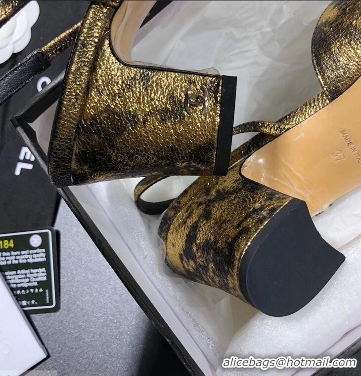 New Arrivals Chanel Heel 6.5cm Slingbacks G31318 Laminated Gold/Grosgrain Black 2019