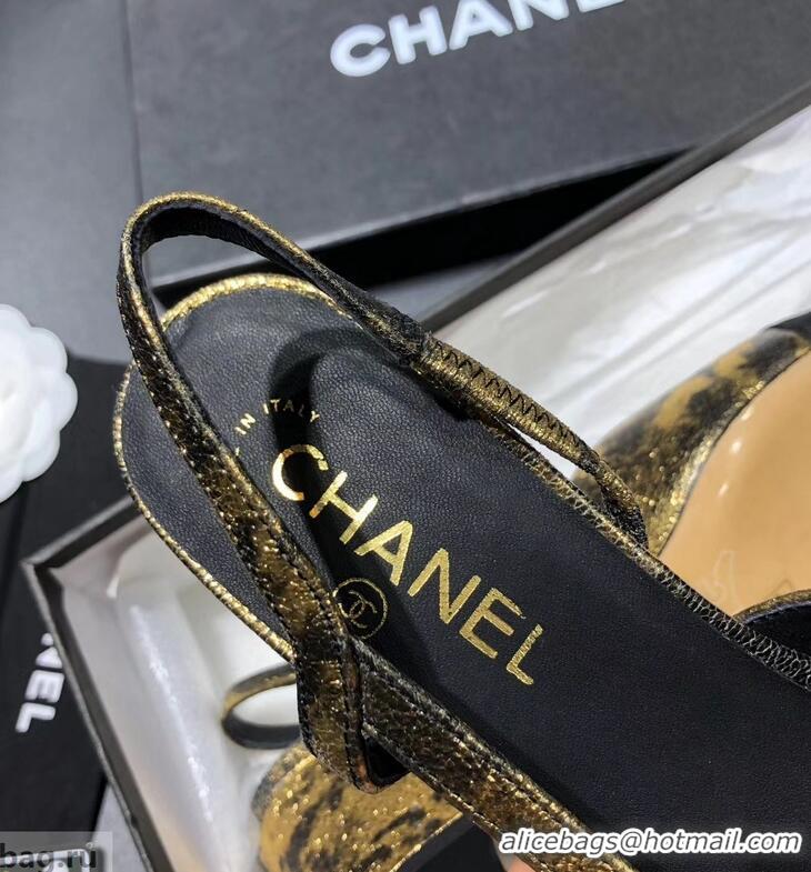 New Arrivals Chanel Heel 6.5cm Slingbacks G31318 Laminated Gold/Grosgrain Black 2019