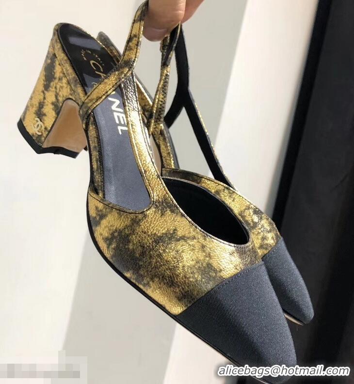 New Arrivals Chanel Heel 6.5cm Slingbacks G31318 Laminated Gold/Grosgrain Black 2019