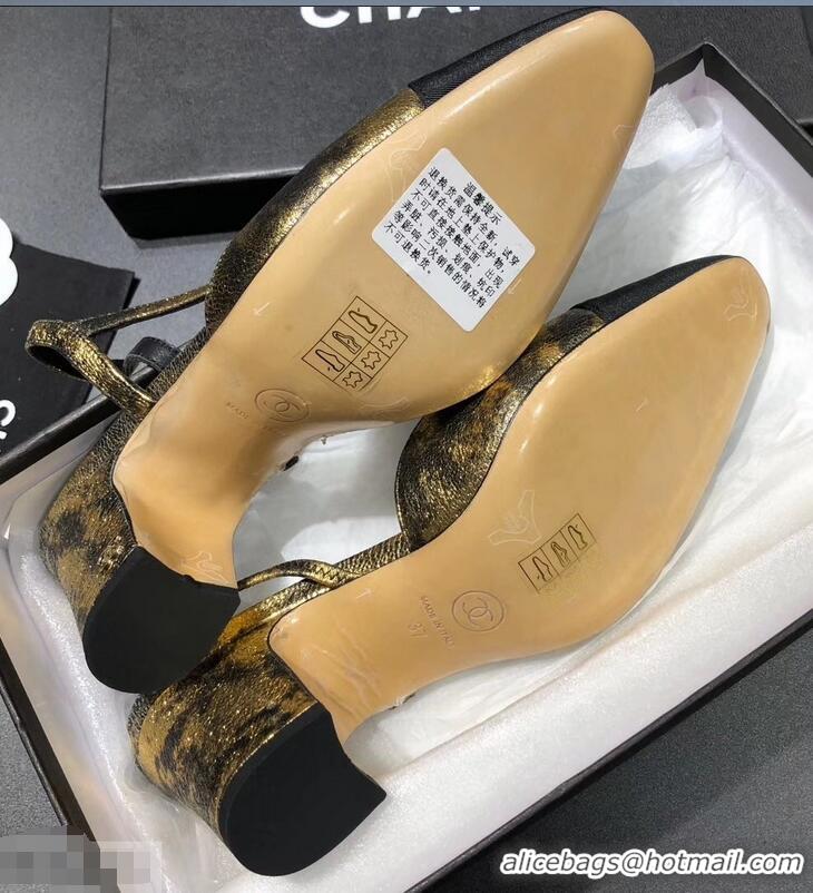 New Arrivals Chanel Heel 6.5cm Slingbacks G31318 Laminated Gold/Grosgrain Black 2019