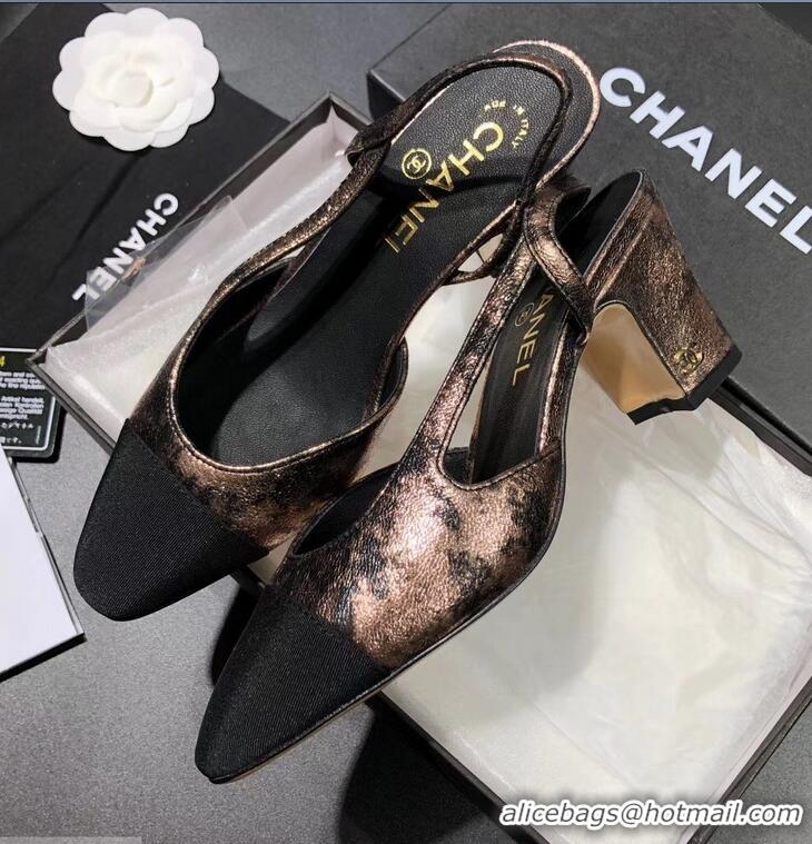 New Design Chanel Heel 6.5cm Slingbacks G31318 Laminated Bronze/Grosgrain Black 2019