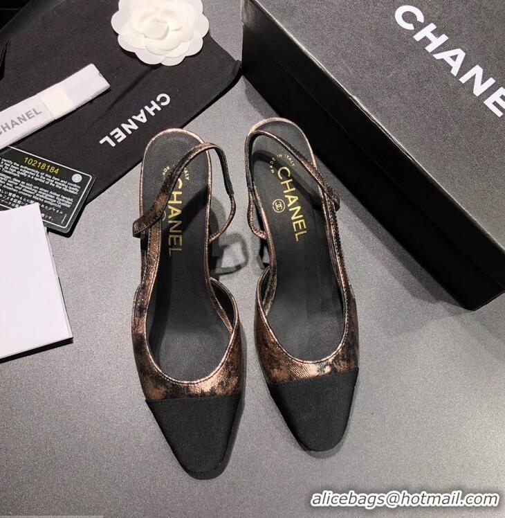 New Design Chanel Heel 6.5cm Slingbacks G31318 Laminated Bronze/Grosgrain Black 2019