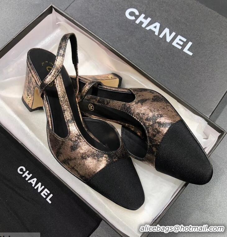 New Design Chanel Heel 6.5cm Slingbacks G31318 Laminated Bronze/Grosgrain Black 2019