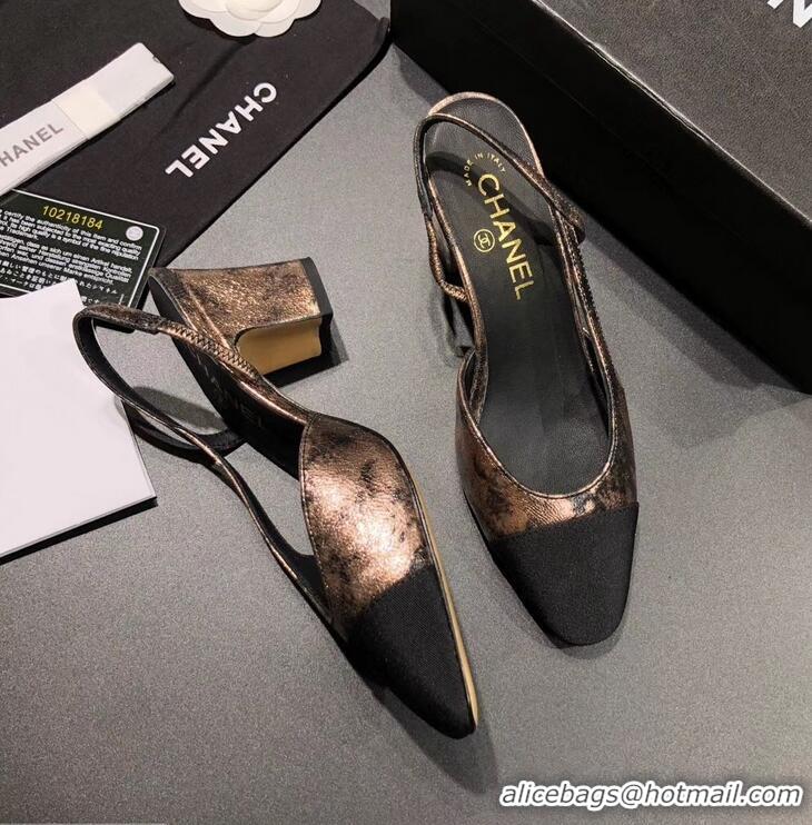 New Design Chanel Heel 6.5cm Slingbacks G31318 Laminated Bronze/Grosgrain Black 2019