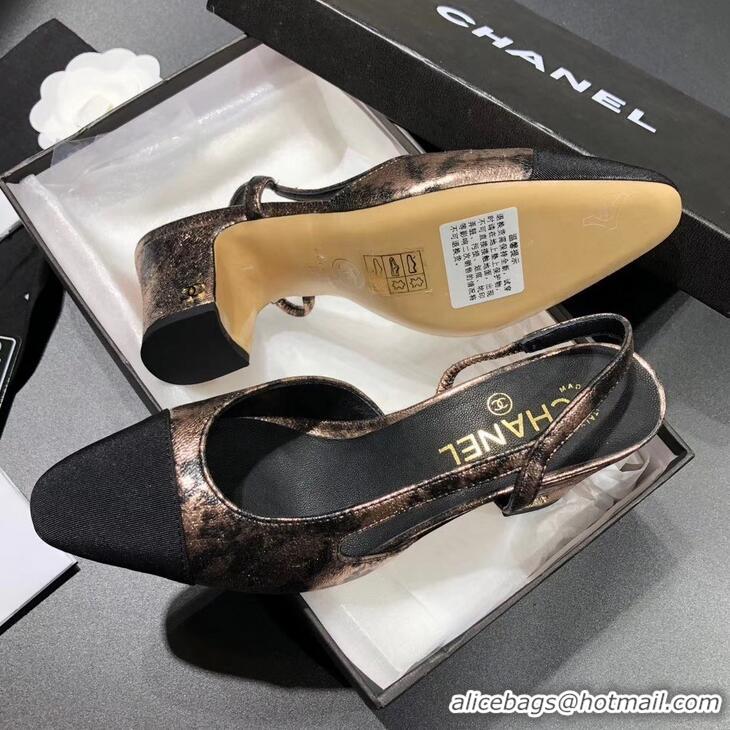 New Design Chanel Heel 6.5cm Slingbacks G31318 Laminated Bronze/Grosgrain Black 2019