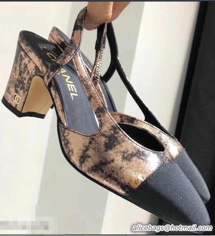 New Design Chanel Heel 6.5cm Slingbacks G31318 Laminated Bronze/Grosgrain Black 2019