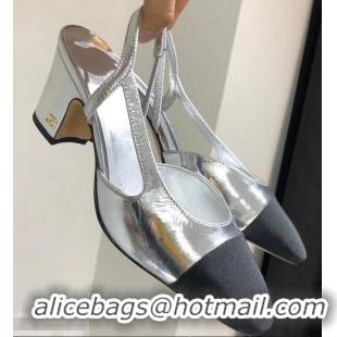 Latest Styles Chanel Heel 6.5cm Slingbacks G31318 Silver/Grosgrain Black 2019