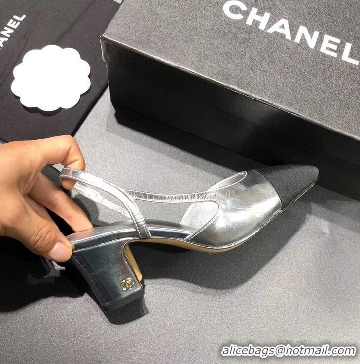 Latest Styles Chanel Heel 6.5cm Slingbacks G31318 Silver/Grosgrain Black 2019