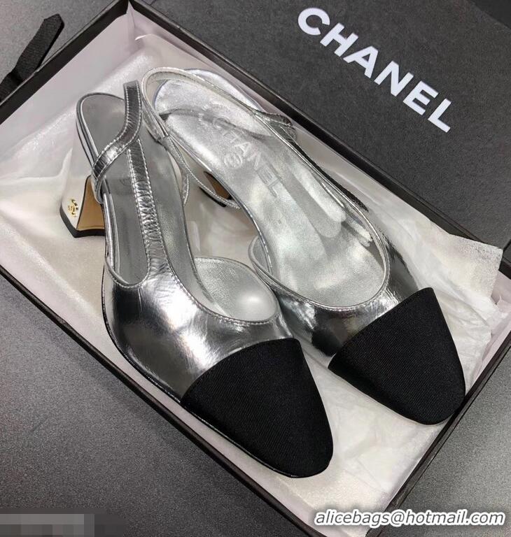 Latest Styles Chanel Heel 6.5cm Slingbacks G31318 Silver/Grosgrain Black 2019