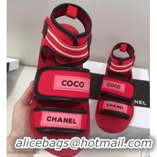 New Classic Chanel Coco Logo Fabric Sandals G34727 Red/Fuchsia 2019