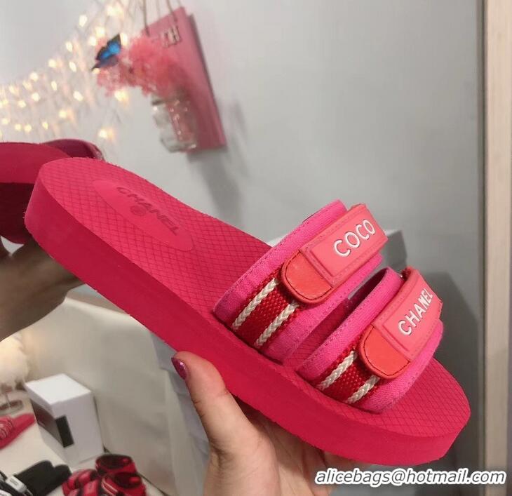 Newest Fashion Chanel Coco Logo Fabric Mules Slipper Sandals G34729 Red/Fuchsia 2019