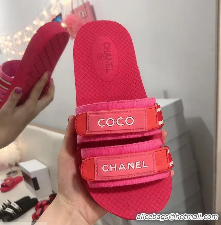 Newest Fashion Chanel Coco Logo Fabric Mules Slipper Sandals G34729 Red/Fuchsia 2019