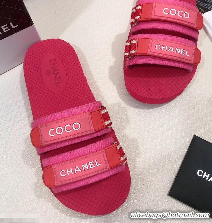 Newest Fashion Chanel Coco Logo Fabric Mules Slipper Sandals G34729 Red/Fuchsia 2019