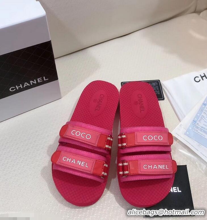 Newest Fashion Chanel Coco Logo Fabric Mules Slipper Sandals G34729 Red/Fuchsia 2019