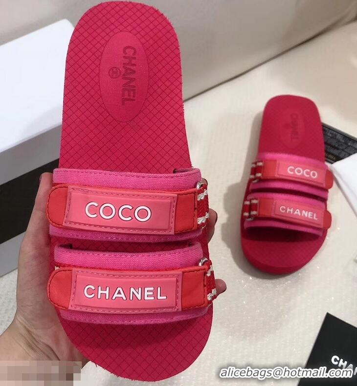 Newest Fashion Chanel Coco Logo Fabric Mules Slipper Sandals G34729 Red/Fuchsia 2019