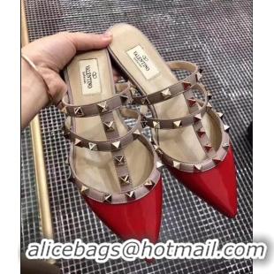 Hot Sell VALENTINO ROCKSTUD STRAP PATENT FLAT V8754 DARK PINK