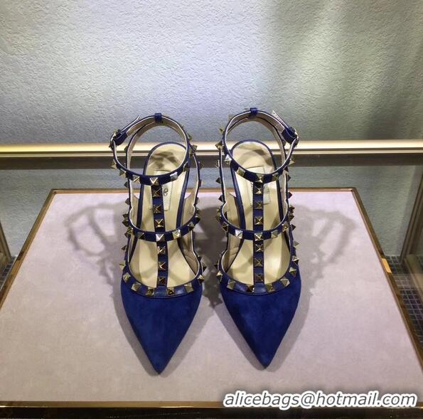 Hot Design VALENTINO ROCKSTUD ANKLE STRAP SUEDE PUMP 9.5CM V8750B BLUE