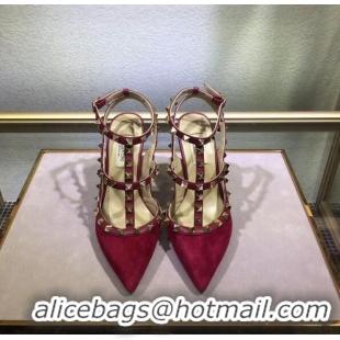 Women VALENTINO ROCKSTUD ANKLE STRAP SUEDE PUMP 9.5CM V8750B RED