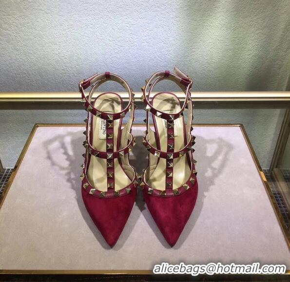 Women VALENTINO ROCKSTUD ANKLE STRAP SUEDE PUMP 9.5CM V8750B RED