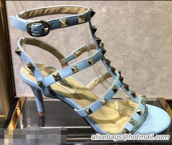 Low Price Valentino Heel 6.5cm Cage Rockstud Sandals VT0402 Sky Blue 2019