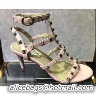 Grade Discount Valentino Heel 6.5cm Cage Rockstud Sandals VT0402 Pink 2019